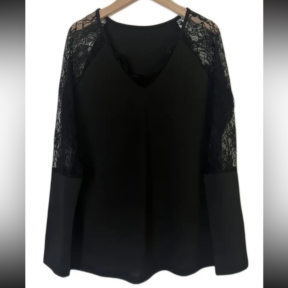 Vibrant Black Contrast Lace V-Neck T-Shirt -Micro Elastic Polyester Top - Picture 3 of 8